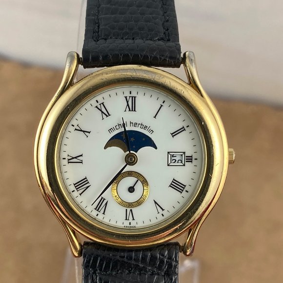 Michel Herbelin 18K Gold Plated Moonphase Watch - Picture 1 of 8